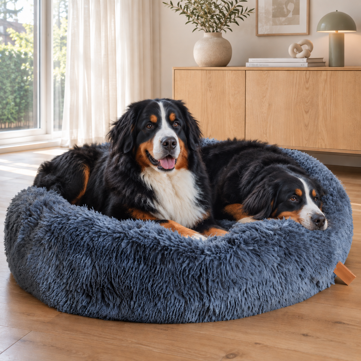 Effico CloudCurl™ anti-stress mand donkergrijs met twee berner sennenhonden