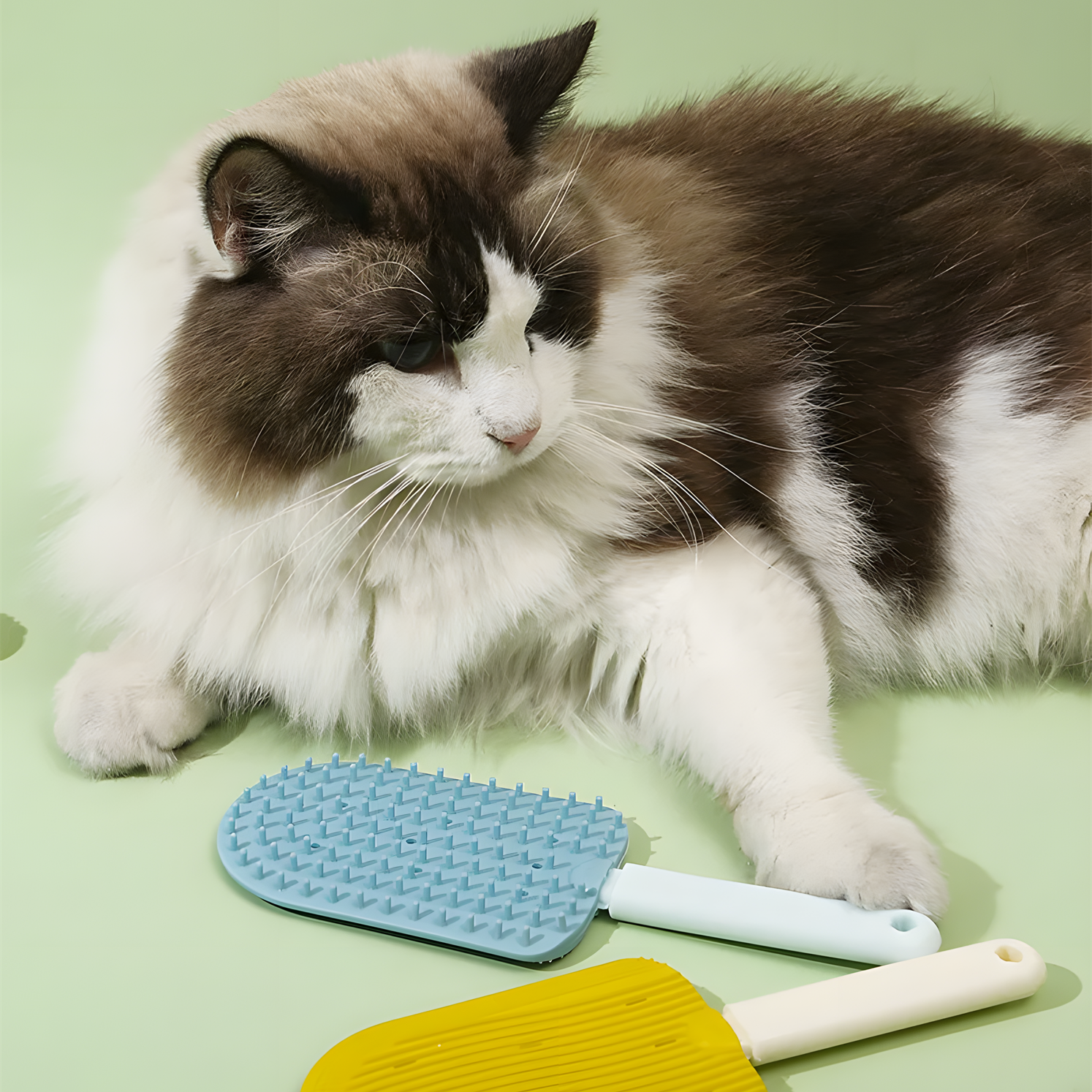 Langharige kat met de gele en de blauwe FurLisse ernaast
