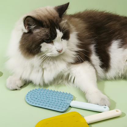 Langharige kat met de gele en de blauwe FurLisse ernaast