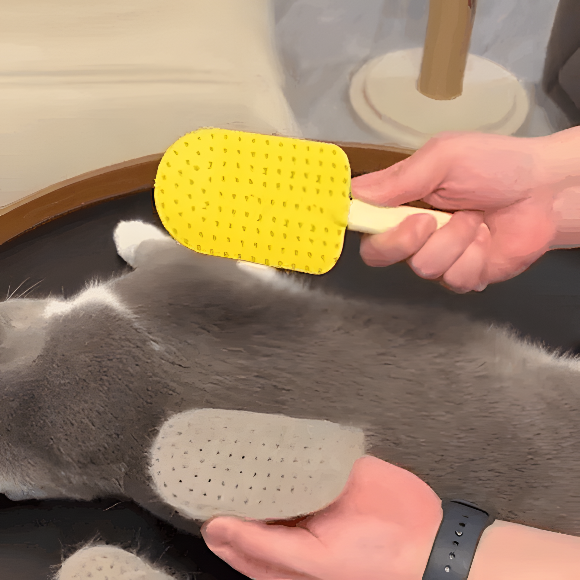 Een dikke mat losgekomen kattenhaar naast de gele FurLisse na het borstelen