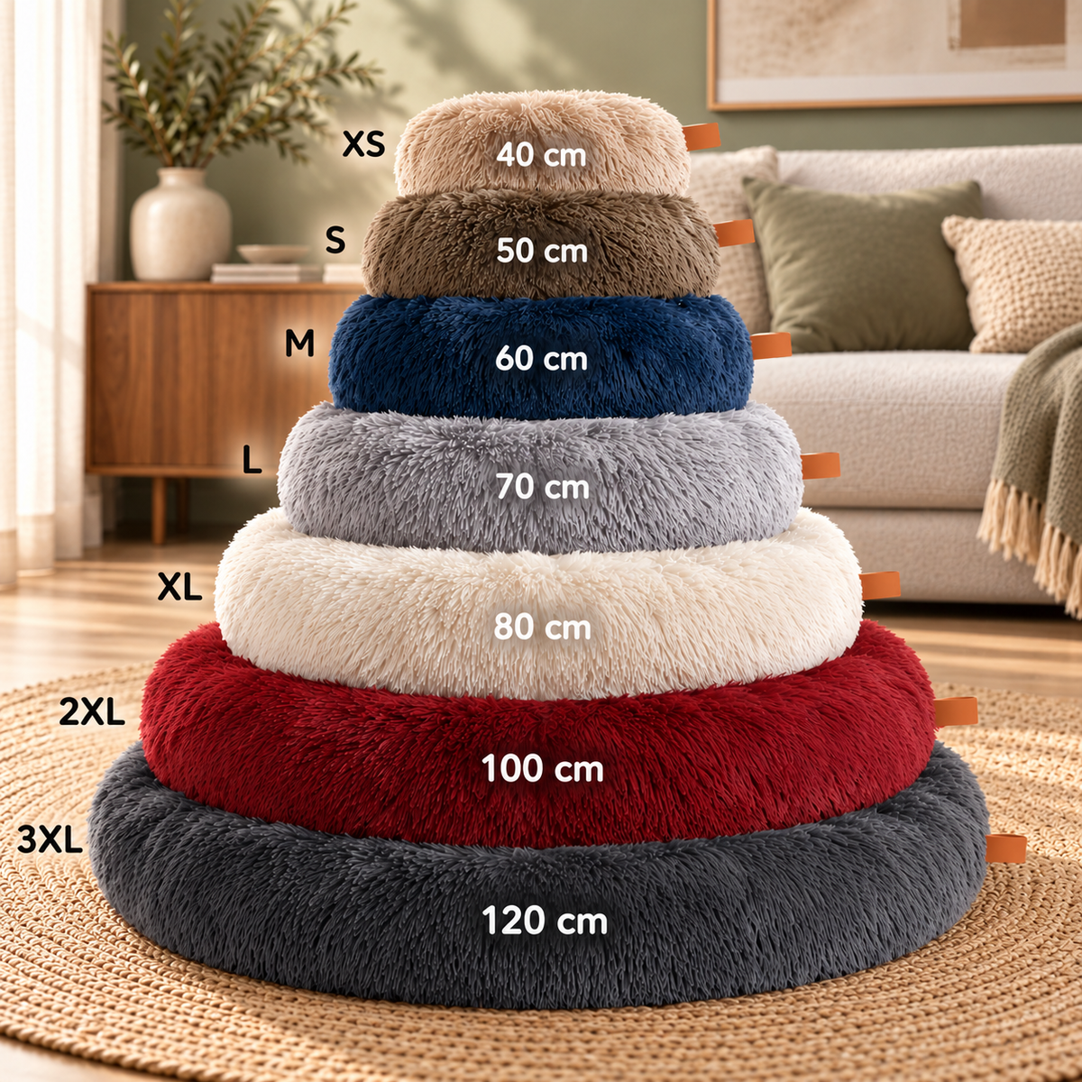 Maten Effico CloudCurl™ anti-stress mand: XS 40 cm tot 3XL 120 cm