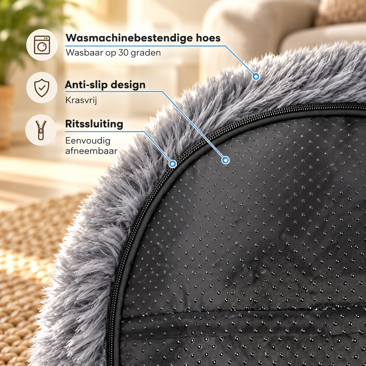 Effico CloudCurl™: hoes met rits, wasbaar op 30 graden, antislip onderkant
