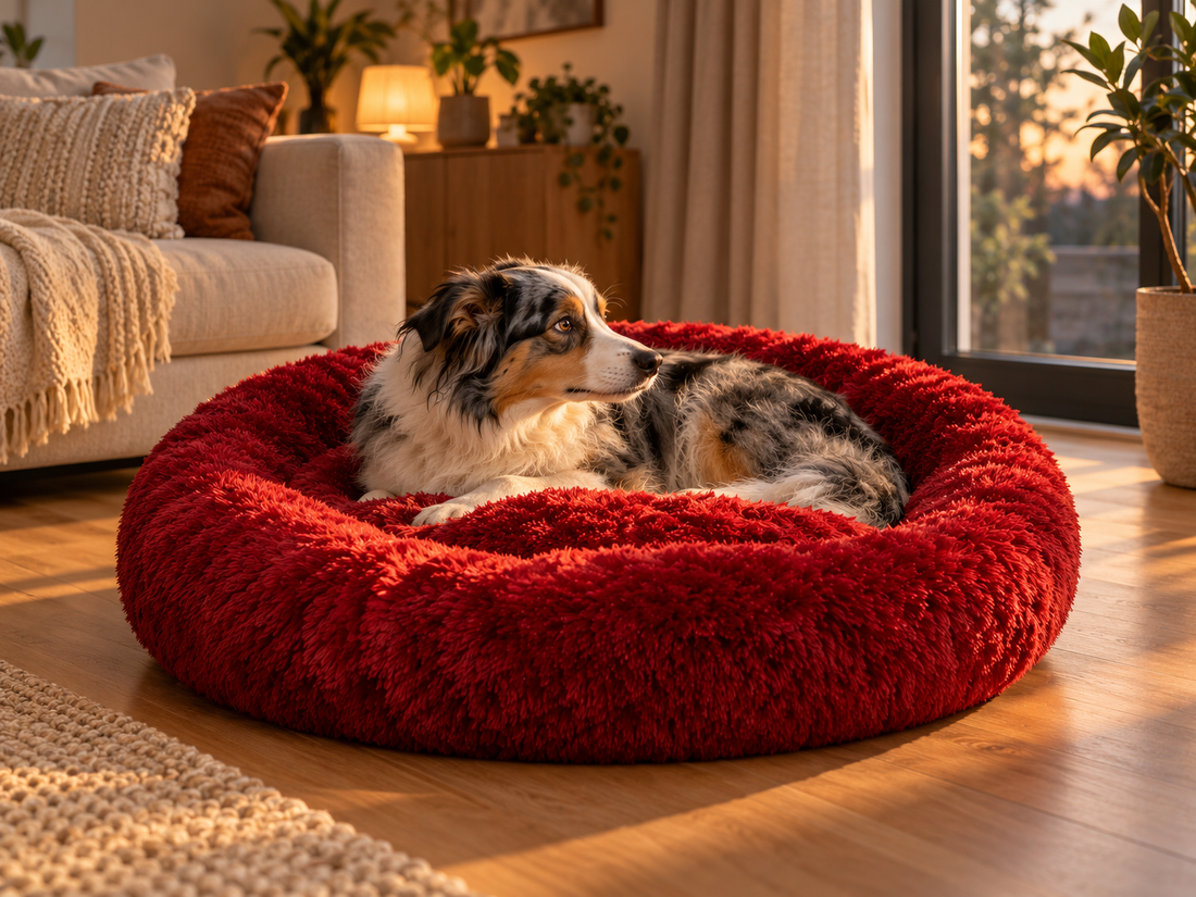Australian shepherd ligt alert in de wijnrode Effico CloudCurl™ anti-stress mand en kijkt naar het raam