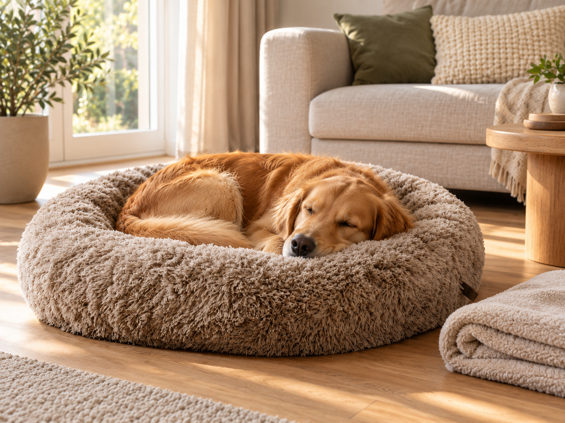 Golden retriever slaapt opgekruld in de Effico CloudCurl™ anti-stress mand in de zon