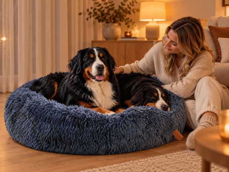 Twee berner sennenhonden liggen 's avonds samen in de Effico CloudCurl™ anti-stress mand, hun baasje zit ernaast
