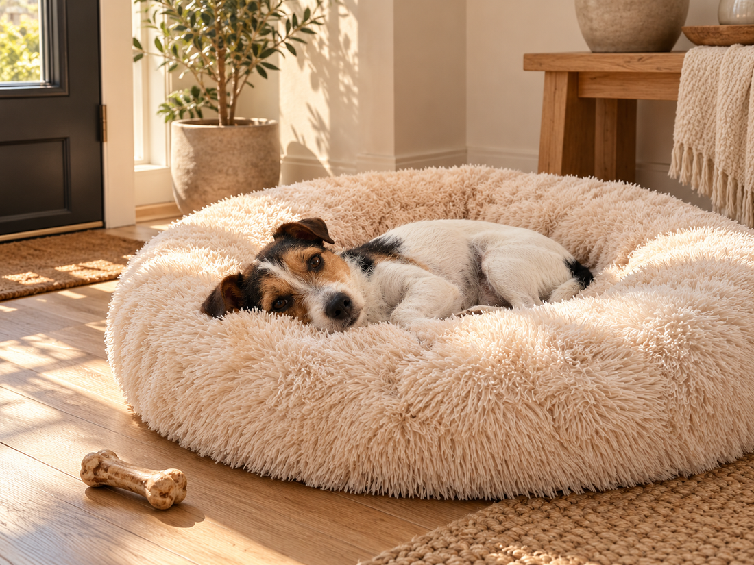 Jack russell ligt rustig in de Effico CloudCurl™ anti-stress mand bij de voordeur