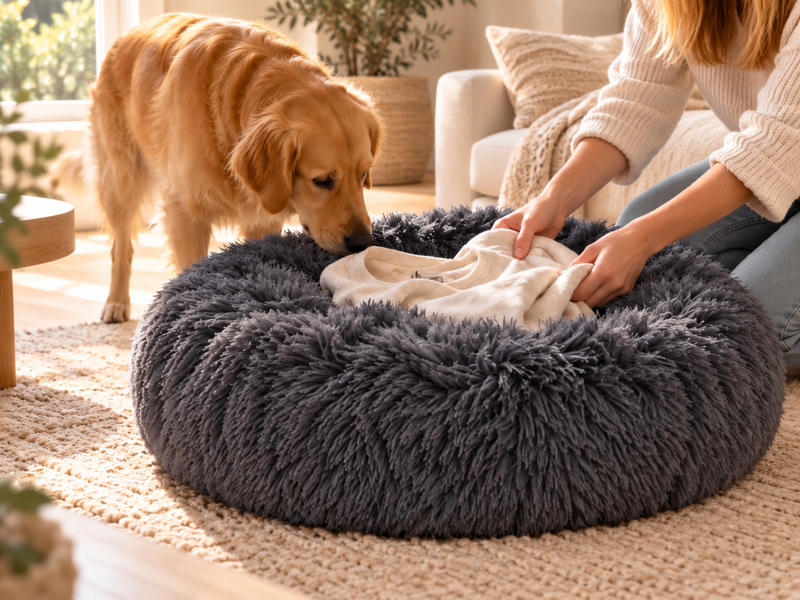 Baasje legt een trui in de Effico CloudCurl™ anti-stress mand terwijl de golden retriever komt snuffelen