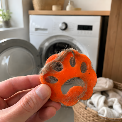 FurFree haarvanger vol opgevangen dierenharen, vastgehouden bij de wasmachine