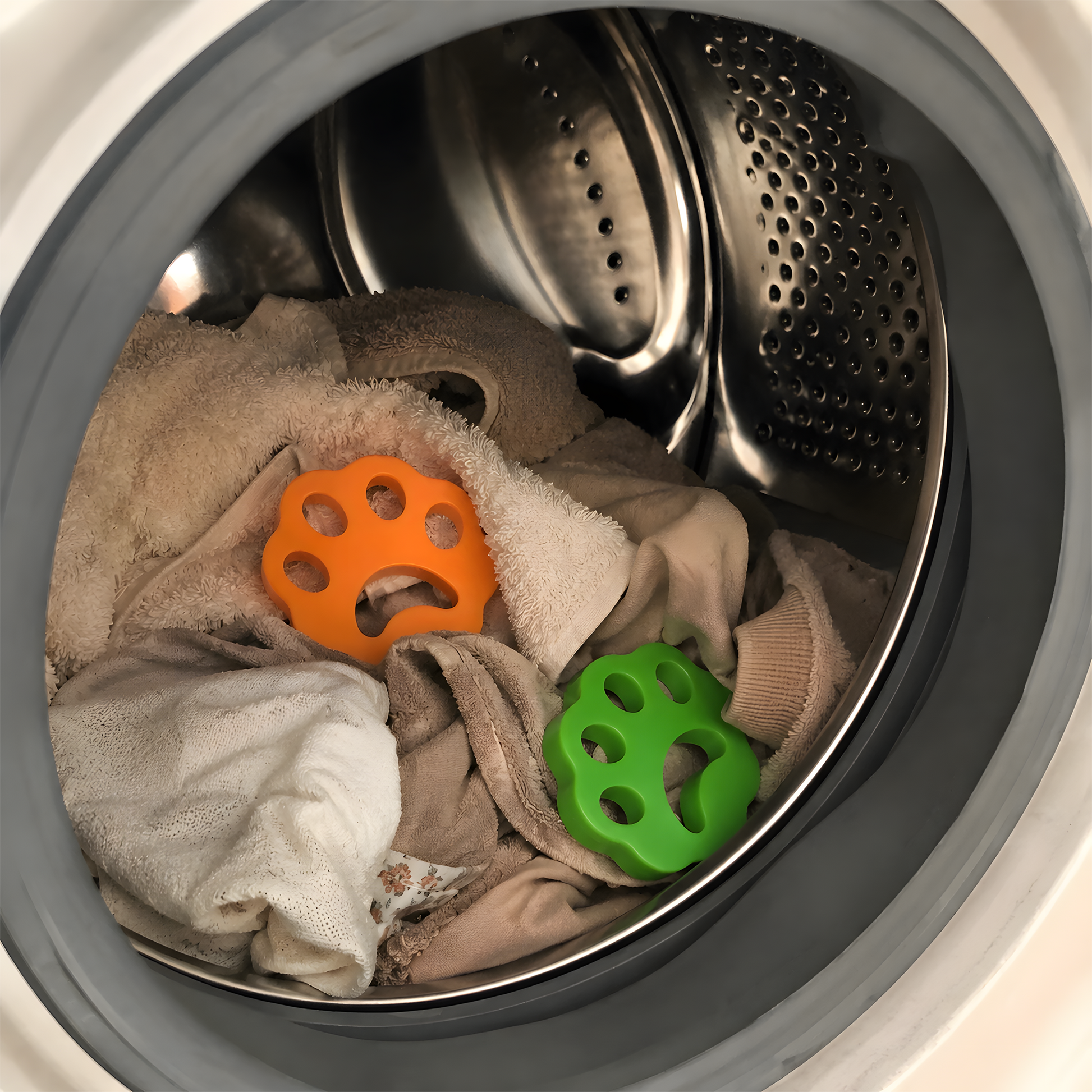 Twee FurFree haarvangers tussen het wasgoed in de wasmachinetrommel