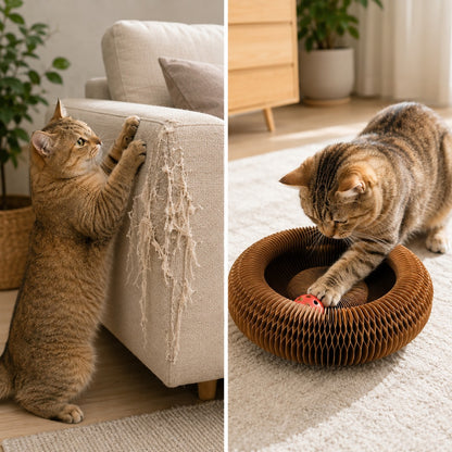 Links een opengekrabde bank, rechts een kat die op de PurrWheel speelt