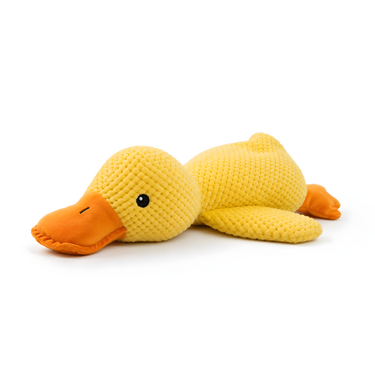 SnuggleBite pluche eendje — geel hondenknuffel met oranje snavel, vooraanzicht op witte achtergrond