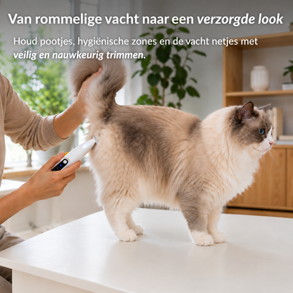 Langharige kat wordt thuis getrimd met de TrimEase