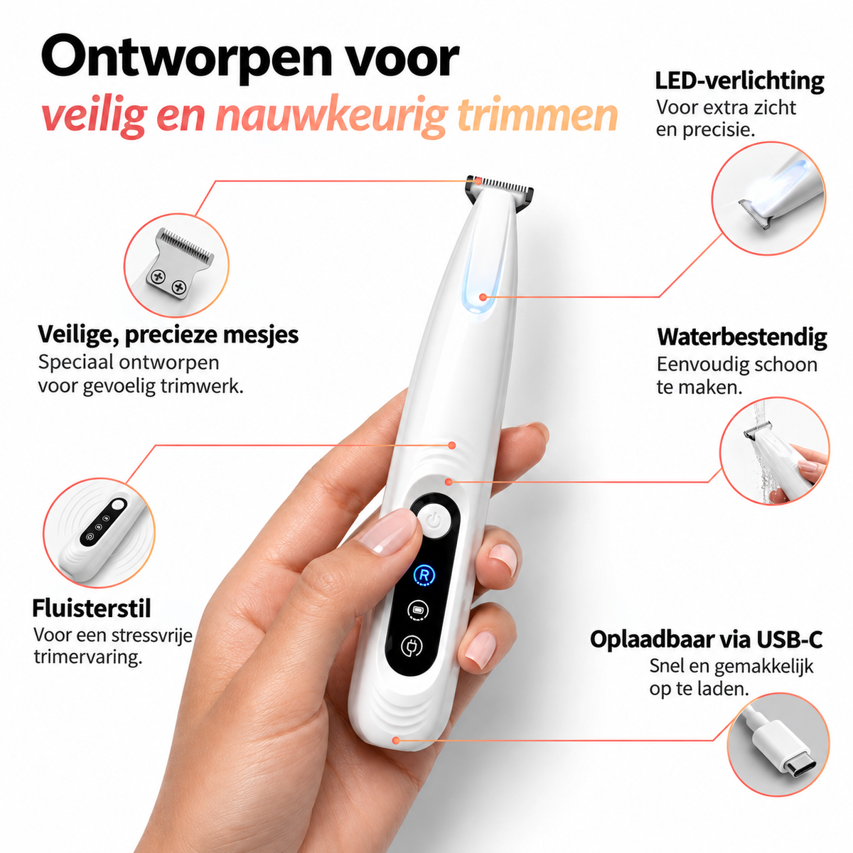 Kenmerken van de TrimEase: mesje, LED, waterbestendig, fluisterstil en USB-C