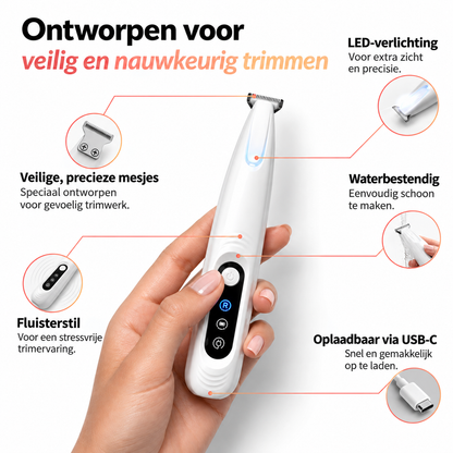 Kenmerken van de TrimEase: mesje, LED, waterbestendig, fluisterstil en USB-C