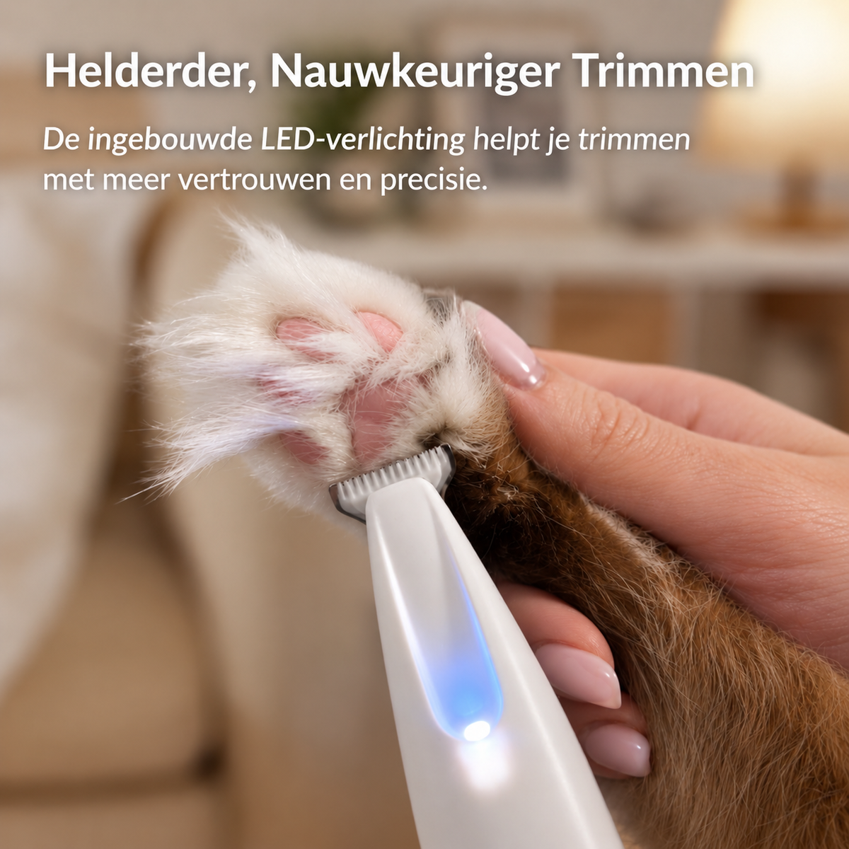 LED-verlichting van de TrimEase bij het trimmen van een kattenpoot