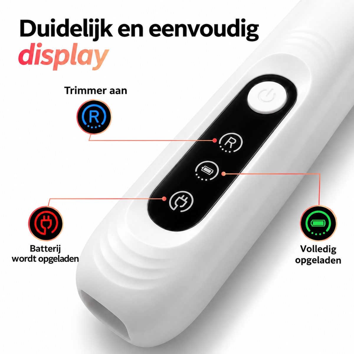Display van de TrimEase met de aan-, batterij- en oplaadindicatie
