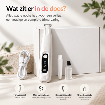 Inhoud van de doos: TrimEase, USB-oplaadkabel, reinigingsborstel en onderhoudsolie