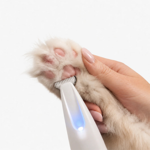 Close-up van een kattenpoot die wordt getrimd met de TrimEase