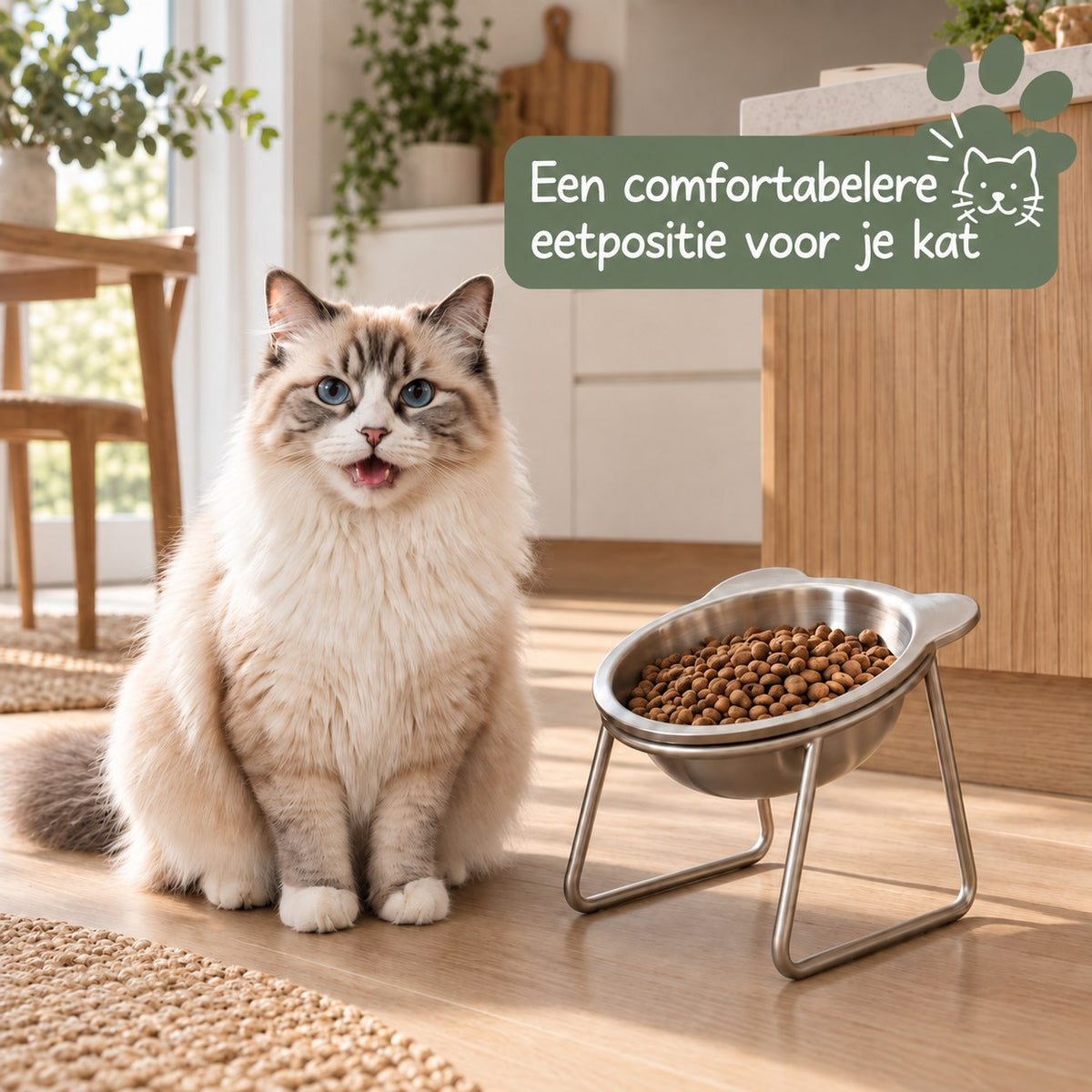 Ragdoll-kat naast de verhoogde Effico voerbak in de keuken