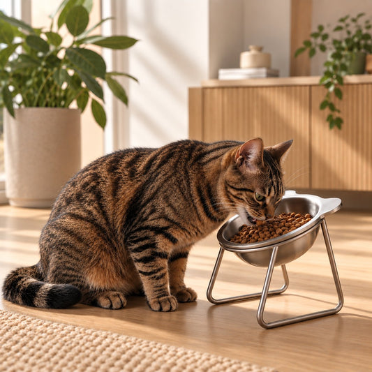 Cyperse kat eet uit de verhoogde Effico voerbak