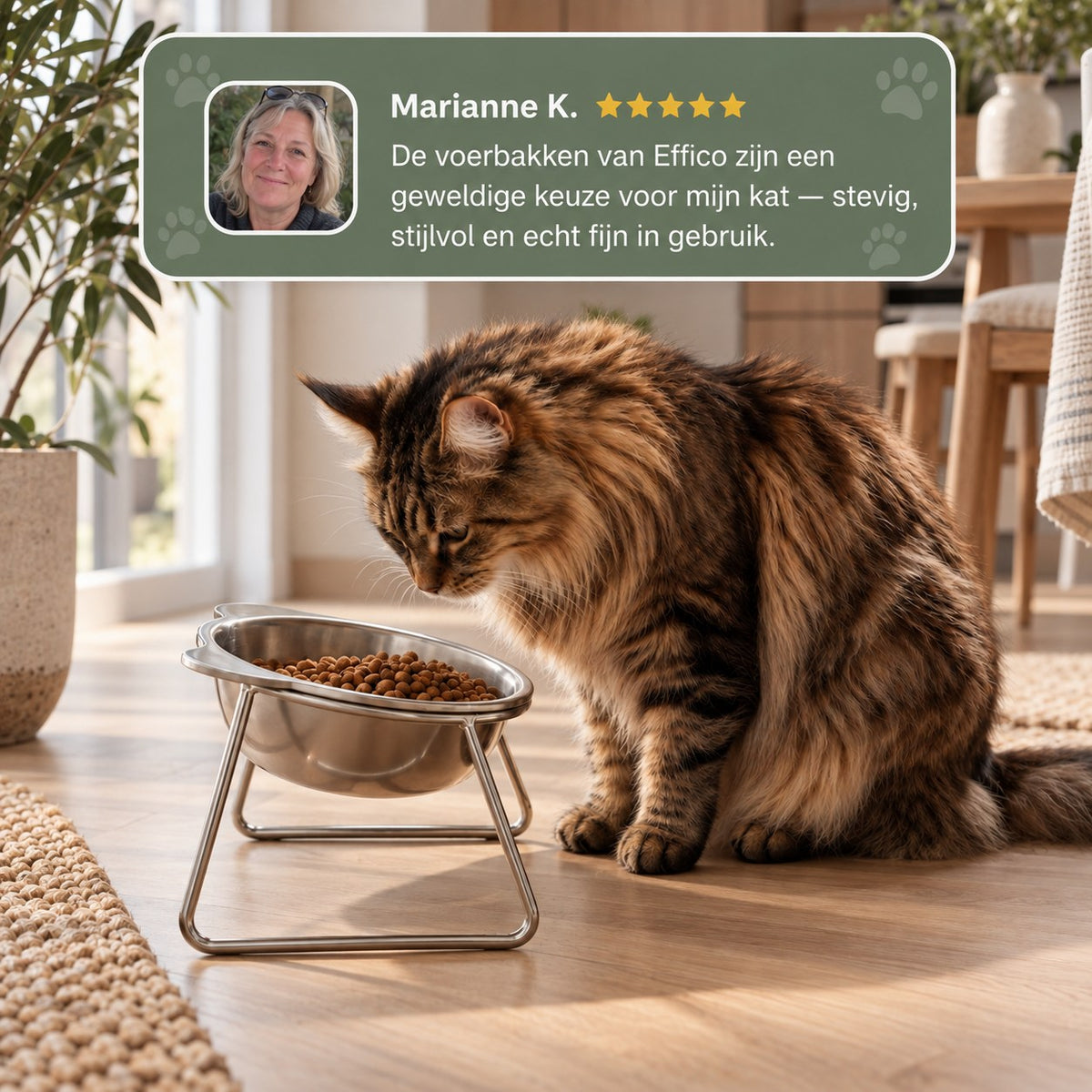 Kat eet rechtop uit de verhoogde Effico voerbak