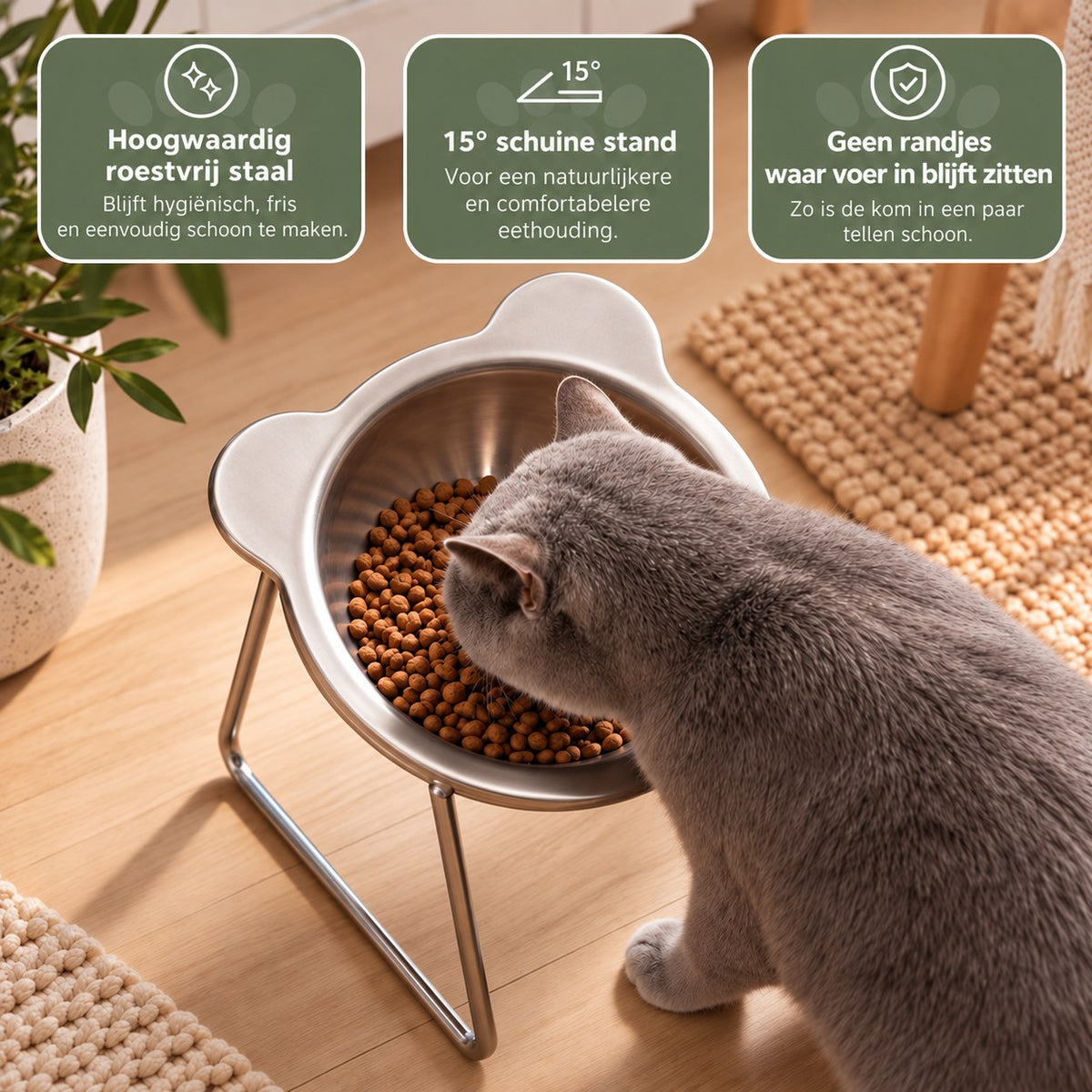 Kat eet uit de voerbak met glad, hygiënisch oppervlak