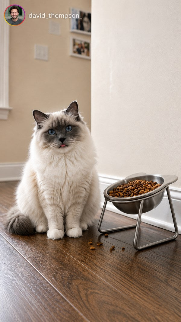 Ragdoll naast de Effico voerbak in de gang